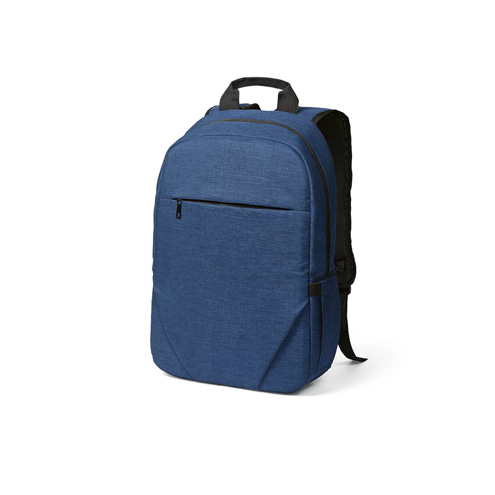 A blue backpack with a front pocket, designed to fit a 17" laptop, featuring a logo on the front.