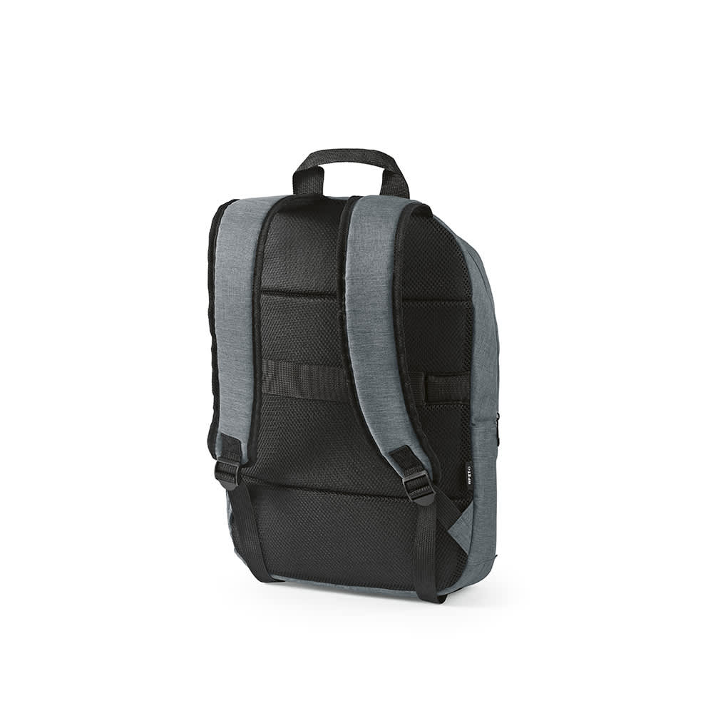 A grey and black backpack featuring padded straps and a front pocket, designed to fit a 17" laptop.