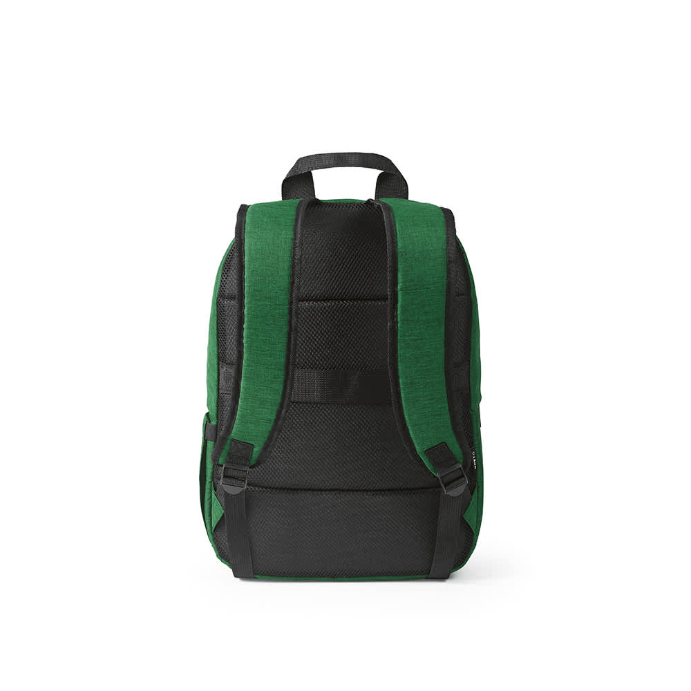 A green and black backpack with adjustable straps and a textured back panel, featuring a logo.