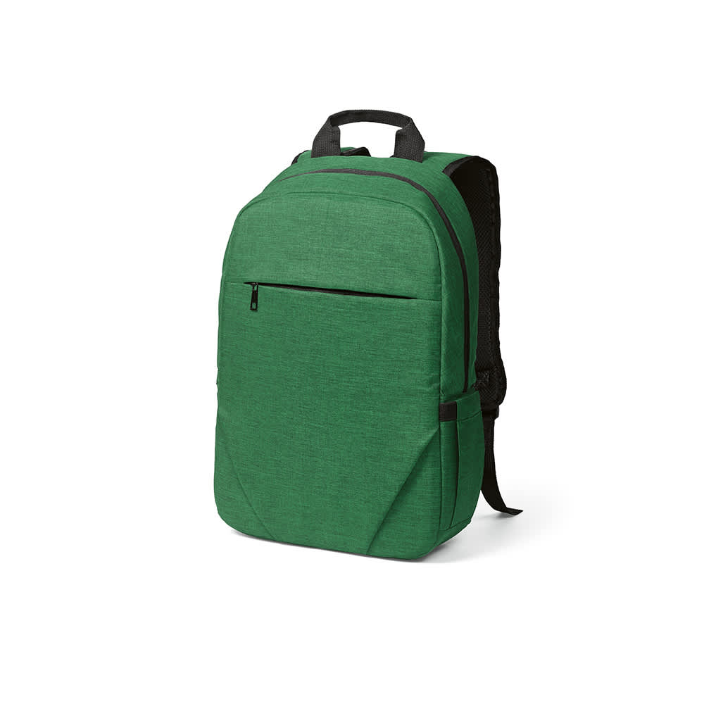 A green backpack with a front pocket, designed to fit a 17" laptop, featuring a logo.