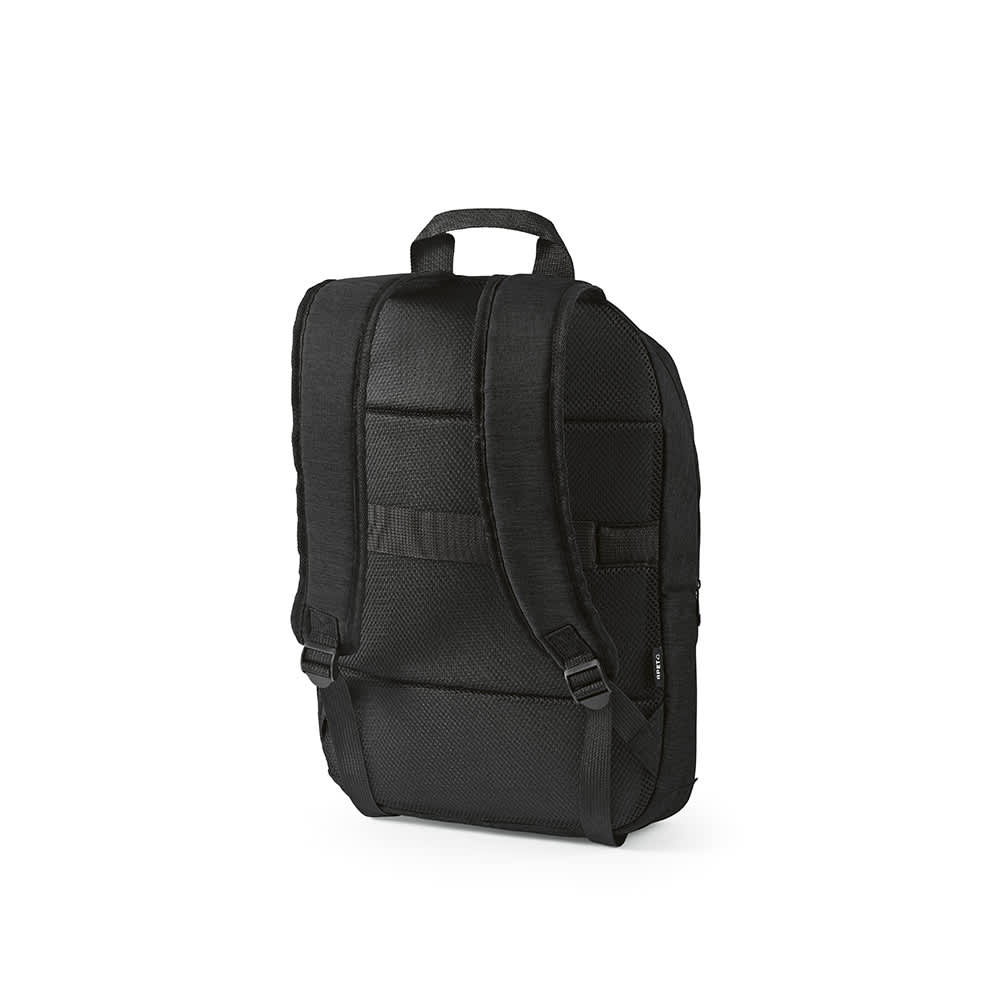 A black backpack with adjustable straps, a minimalist design, featuring a padded back and front pocket.