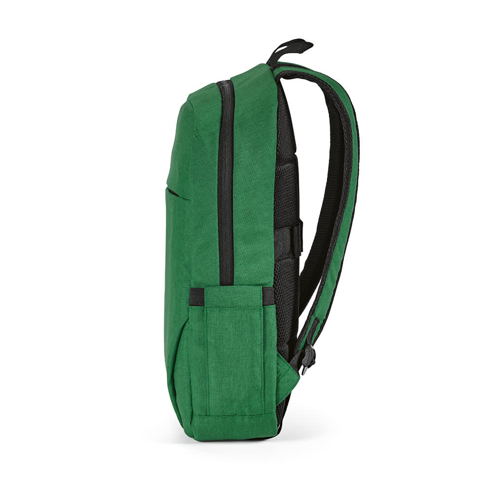 A green backpack with a front pocket and adjustable straps, designed to fit a 17" laptop. Features a logo.