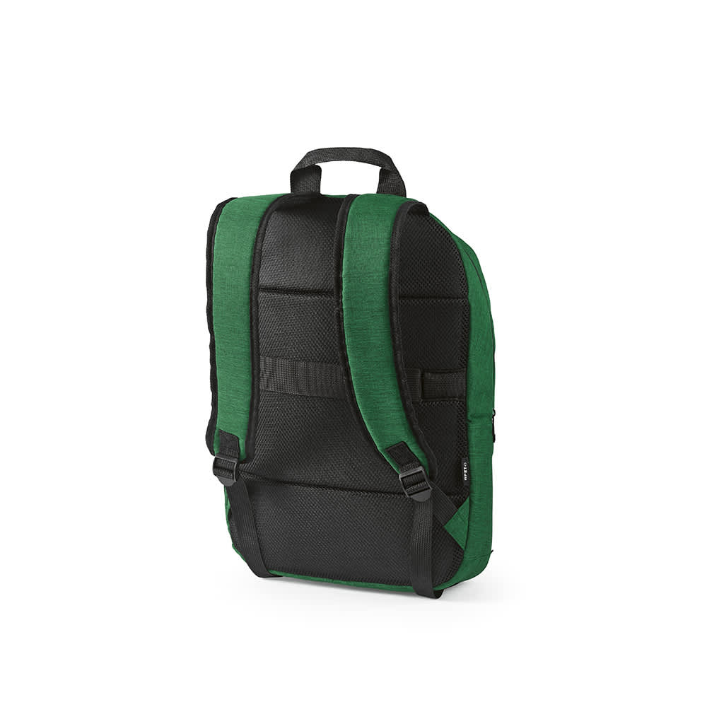A green and black backpack with padded straps and a front pocket, designed to fit a 17" laptop.