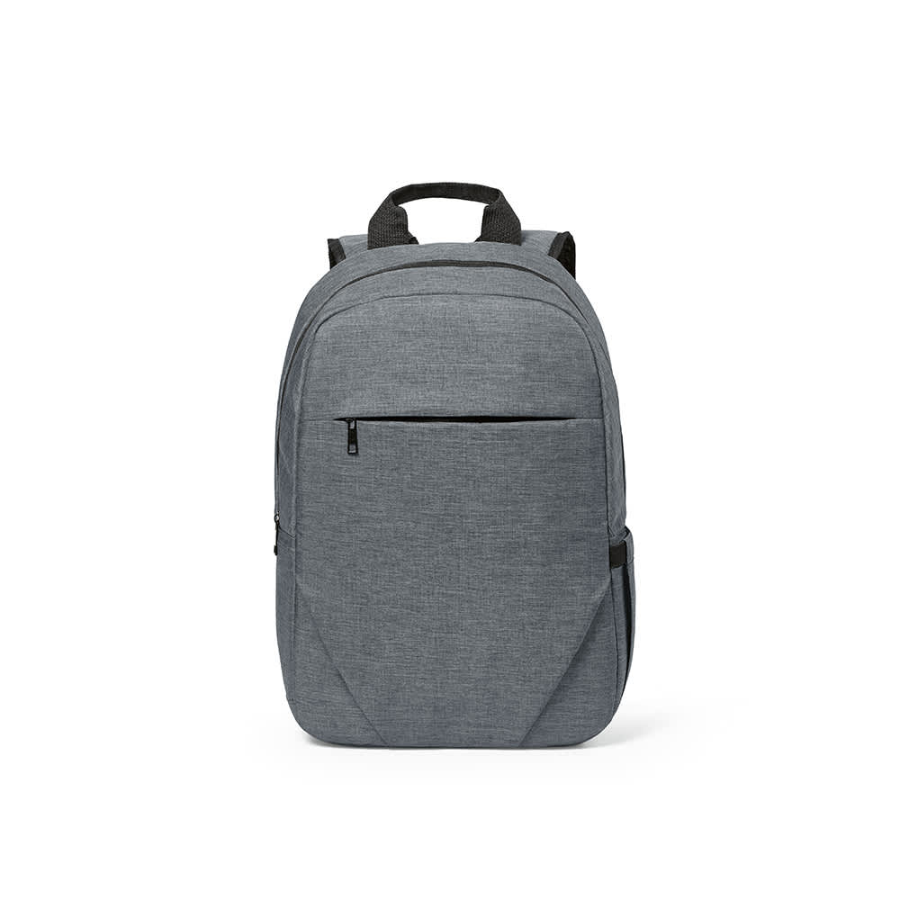 A grey backpack with a front pocket, designed to fit a 17" laptop. It features shoulder straps and a top handle.