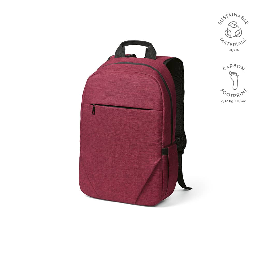 A burgundy backpack with a front pocket, designed to fit a 17" laptop, featuring a logo and sustainable materials.