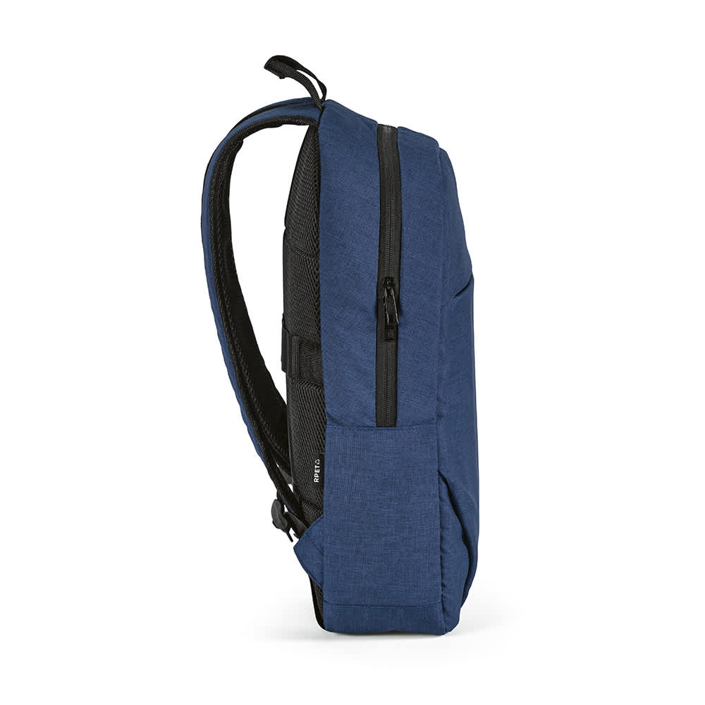 A navy backpack with a side profile view, featuring a front pocket and a logo. Fits a 17" laptop.