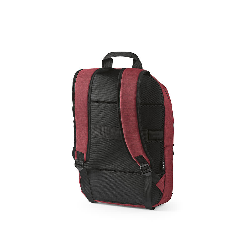 A burgundy and black backpack with padded straps and a mesh back design, featuring a hidden front pocket.