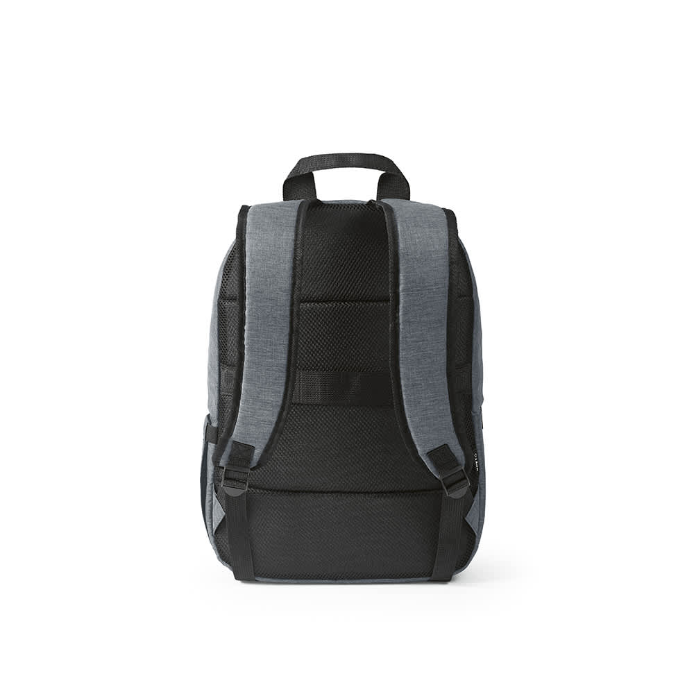 A grey and black backpack with padded straps and a sleek design. It features a logo on the exterior.