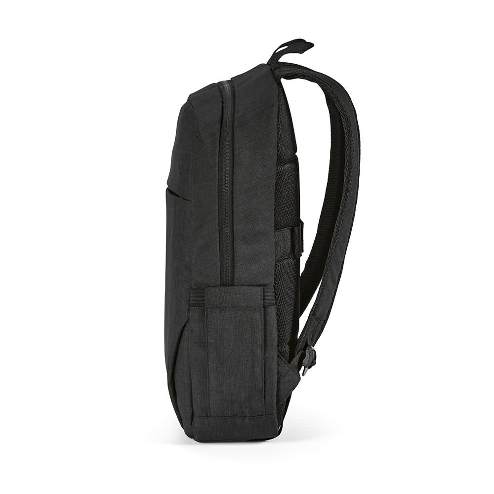 A black Vilnius Backpack with a side pocket, designed for carrying a 17" laptop, featuring padded straps.