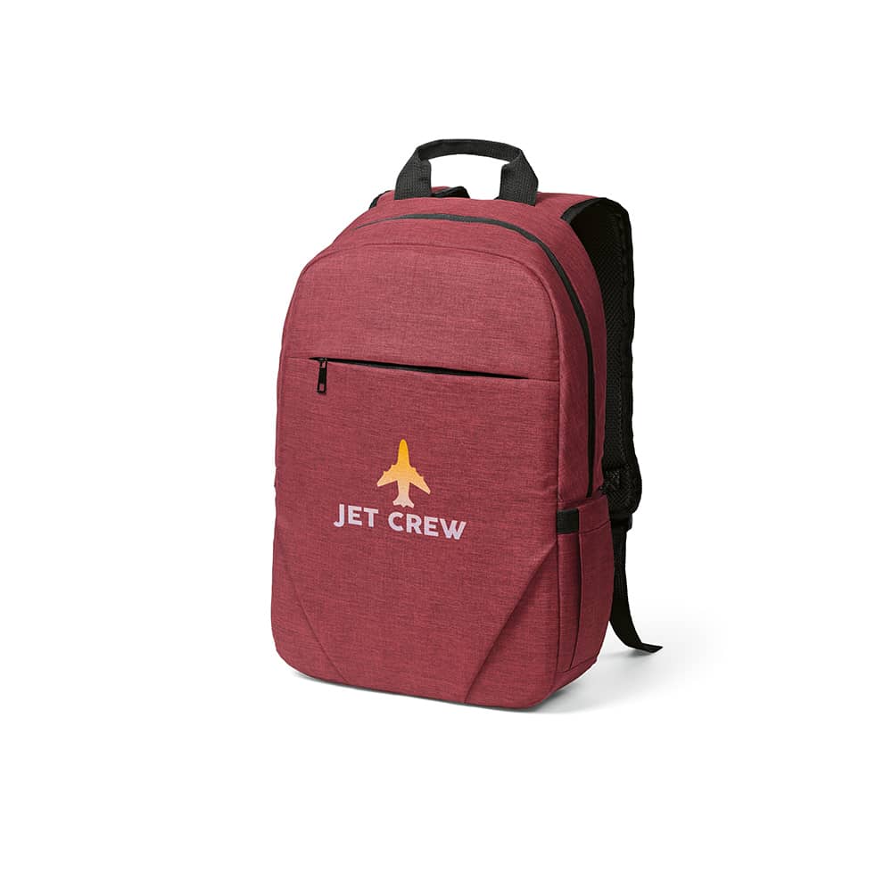 A maroon backpack featuring a front pocket, designed to fit a 17" laptop, with a logo.