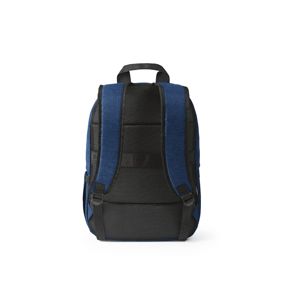 A blue and black backpack featuring a front pocket and straps, designed to fit a 17" laptop.