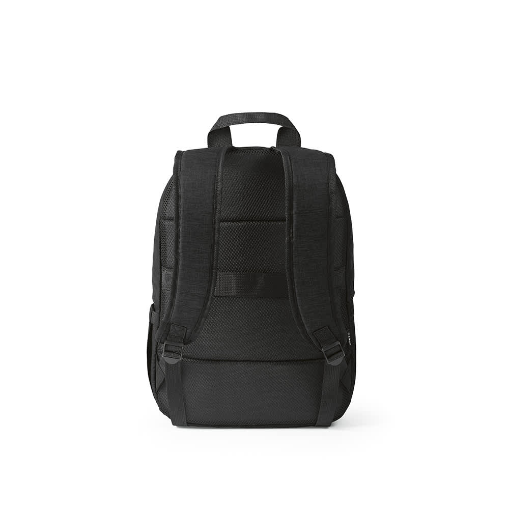 A black backpack featuring padded shoulder straps and a mesh back for comfort, with a logo present.