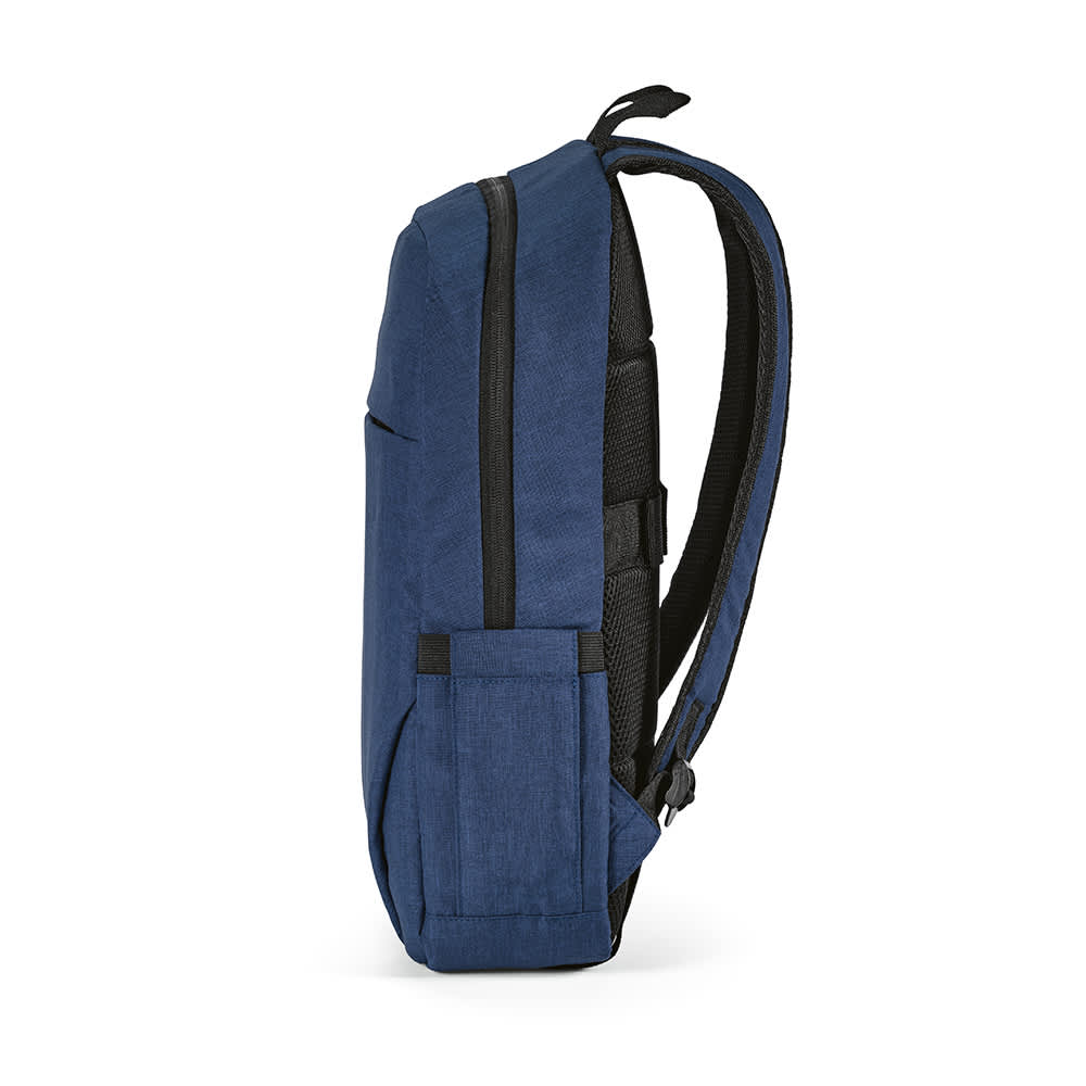 A navy blue backpack with a front pocket, designed to fit a 17" laptop, featuring black straps and a logo.