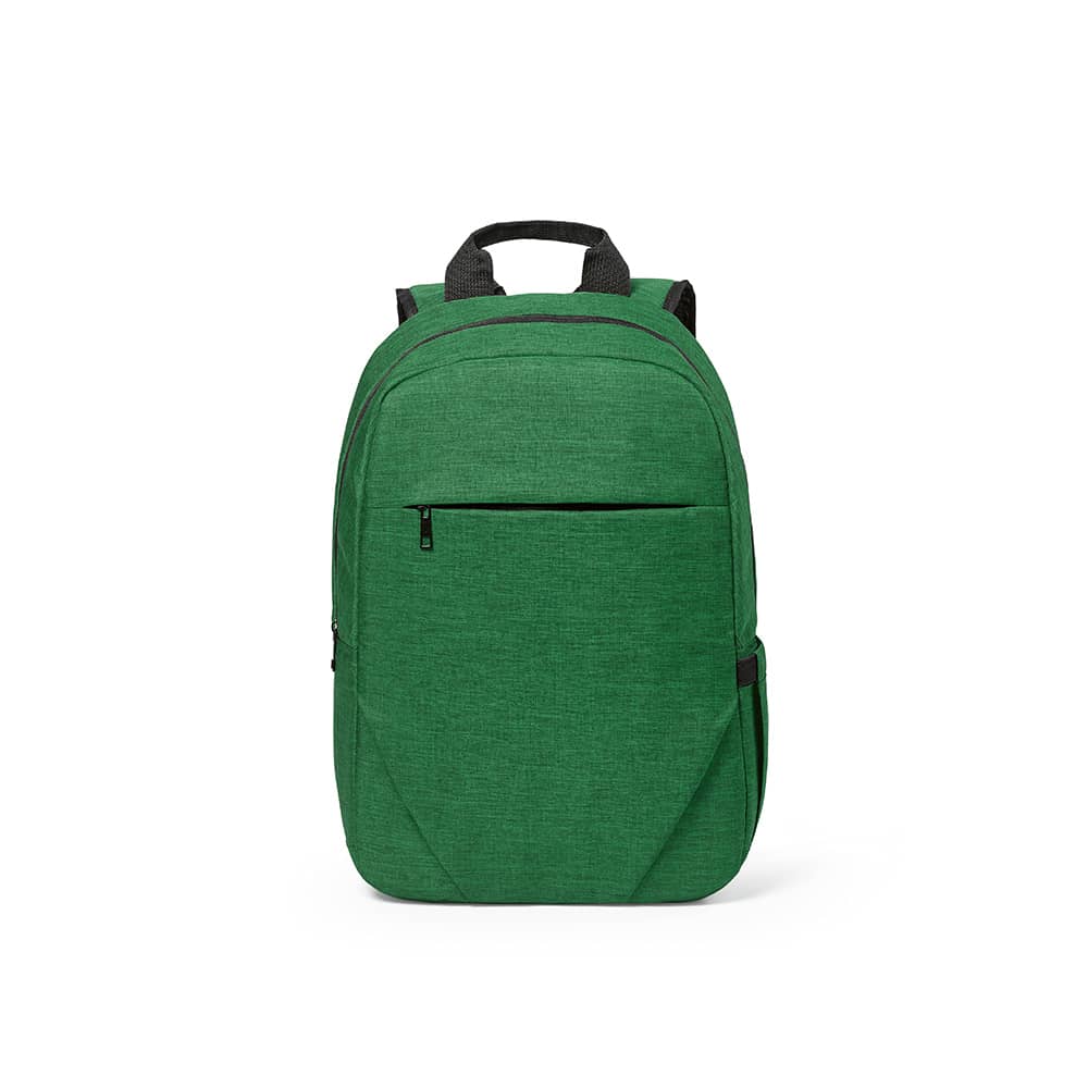 A green Vilnius backpack with a front pocket, designed to fit a 17" laptop. Features a logo.