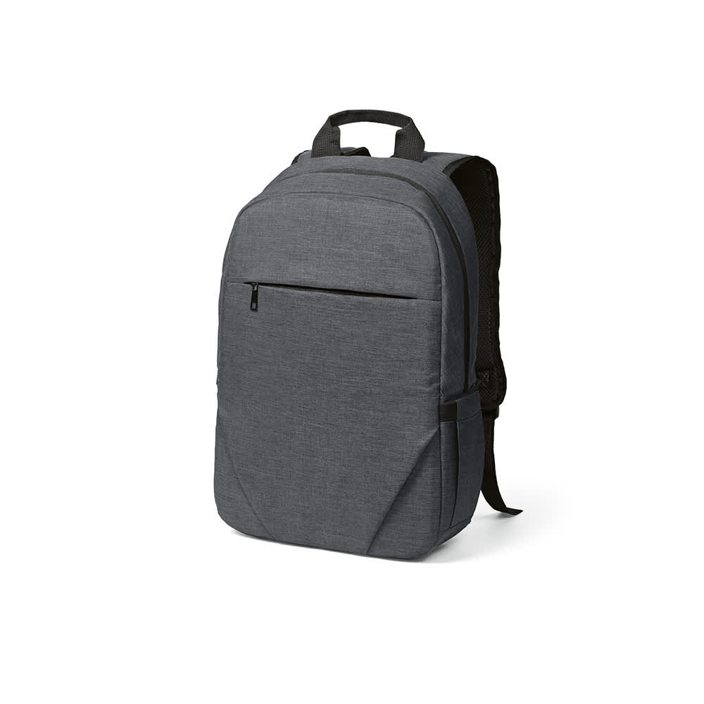 A grey backpack featuring a front pocket and laptop compartment, designed to fit a 17" laptop. It has a logo.