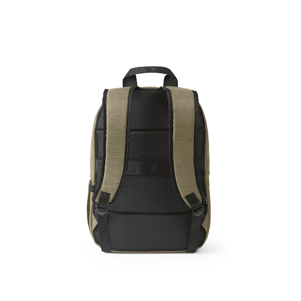 A backpack with a grey-green exterior and black straps, featuring a mesh back for ventilation and a logo.