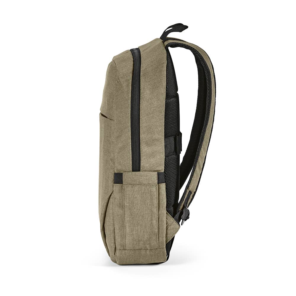 A side view of a khaki-coloured backpack with a front pocket, designed to fit a 17" laptop. It features a logo.