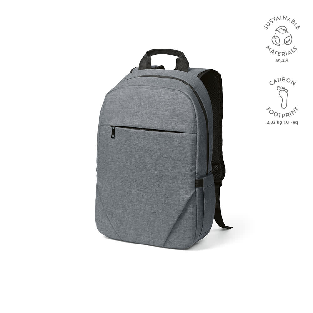 A grey backpack with a front pocket, designed for a 17" laptop, featuring a logo and sustainable materials.