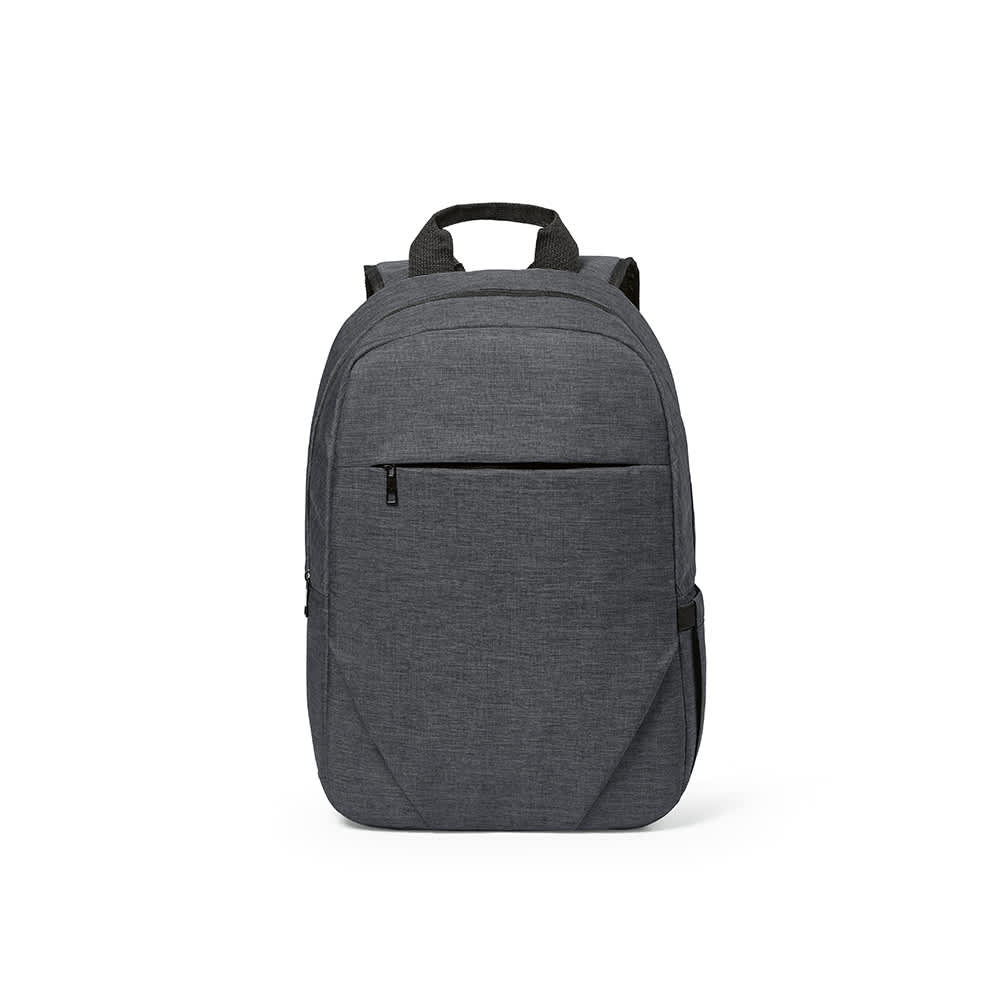 A grey backpack with a front pocket, designed for a 17" laptop, featuring a logo on the side.