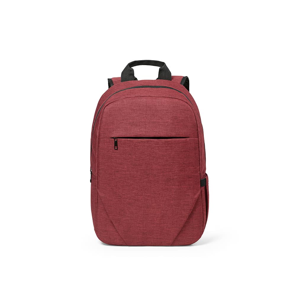 A red backpack with a front pocket, featuring straps and a handle, designed to fit a 17" laptop.