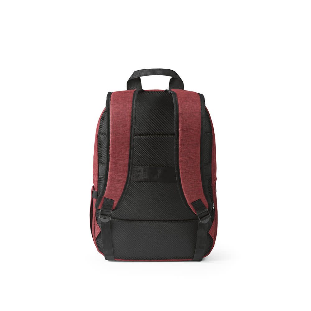 A maroon and black backpack with padded straps and a mesh backing. It has a logo on the front.
