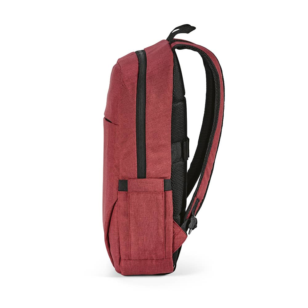 A red backpack with a front pocket and padded straps, designed to fit a 17" laptop. It has a logo on it.