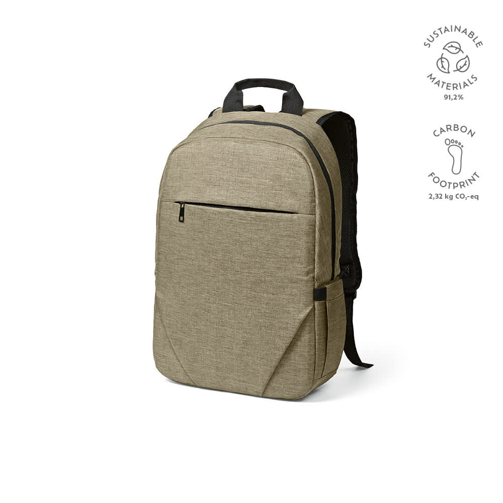A tan backpack featuring a front pocket, designed for a 17" laptop, with a logo and sustainable materials label.