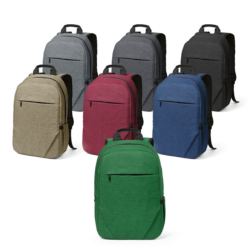 A collection of backpacks in grey, black, green, blue, burgundy, and beige, featuring a front pocket. Each has a logo.