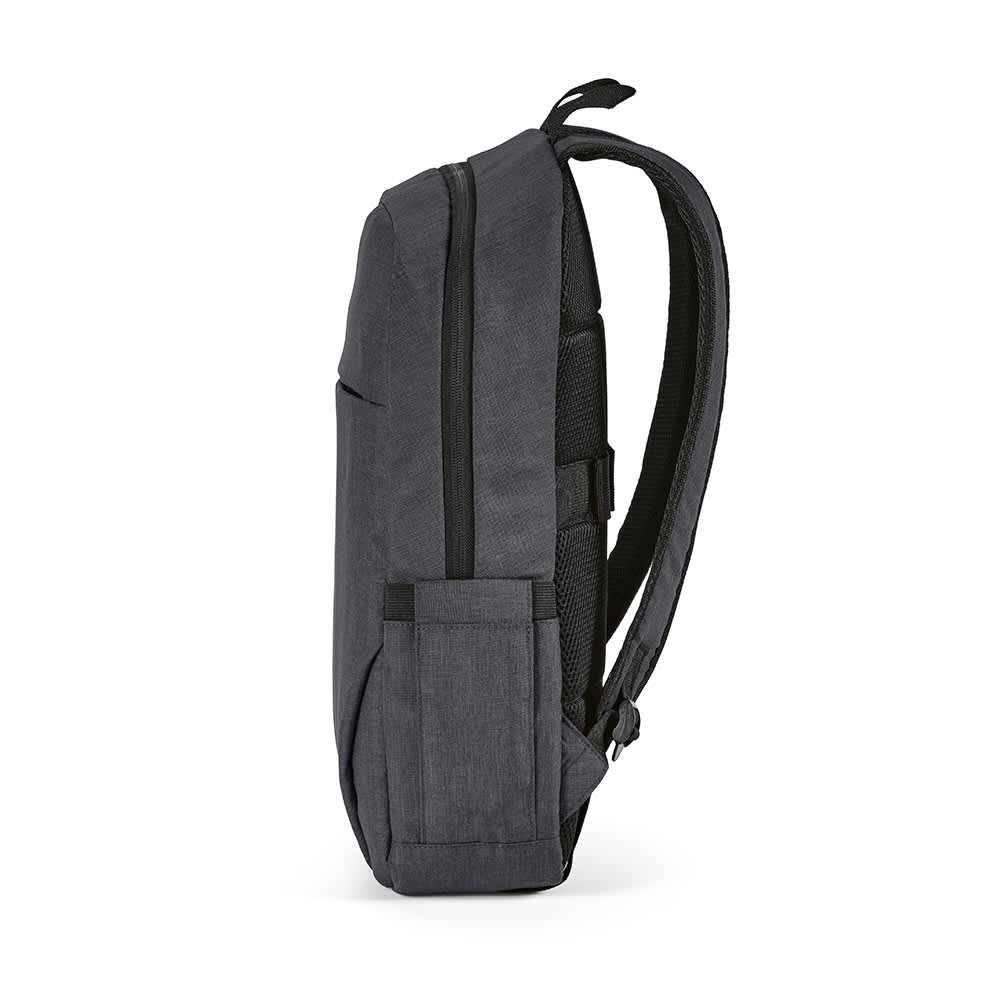A dark grey backpack featuring a front pocket, designed to fit a 17" laptop, with adjustable straps.