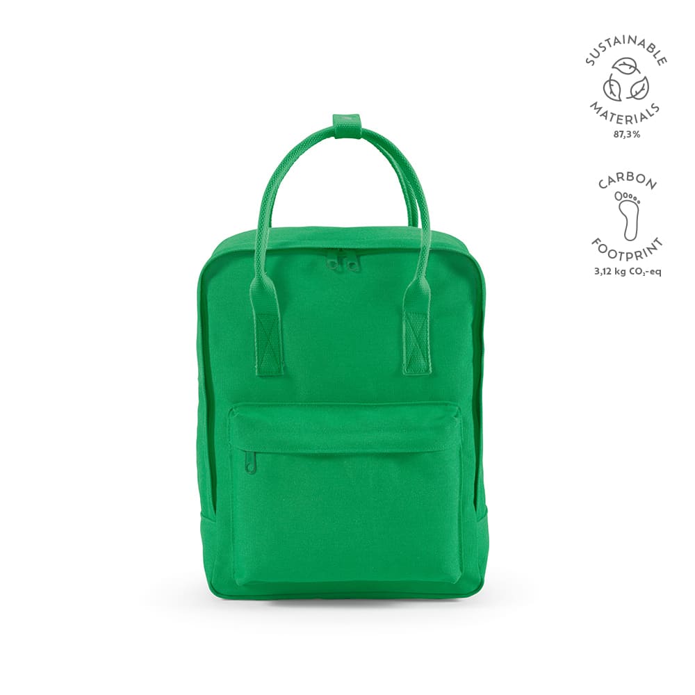 A green backpack with a front pocket and dual handles, made from sustainable materials. It features a logo.