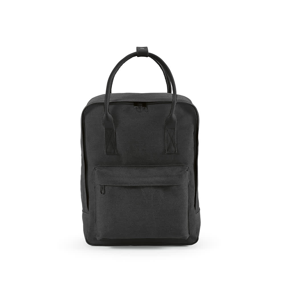 A black backpack with a front pocket and rPET handles, made from rCotton 450 gsm fabric, featuring a logo.