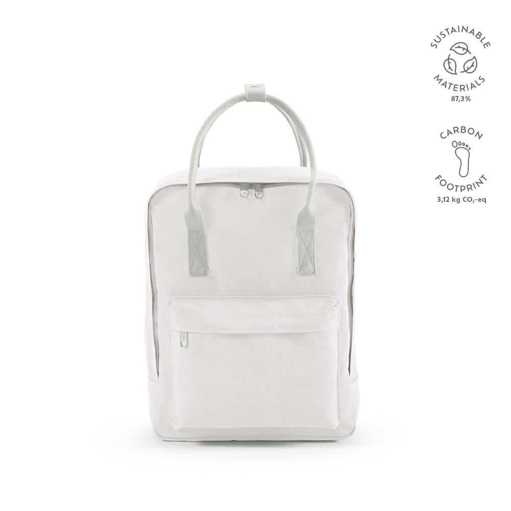 A white backpack with a front pocket, featuring rCotton materials and rPET handles, and a logo.