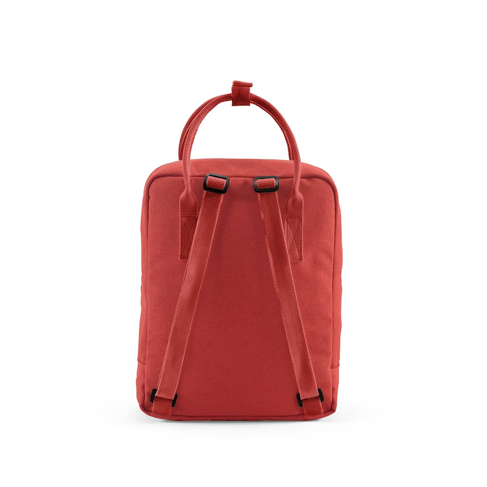 A red backpack with adjustable straps and a top handle, featuring a logo on the front.