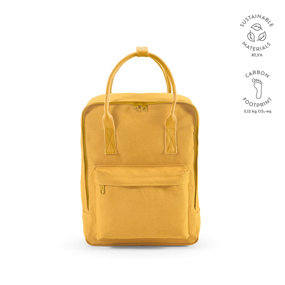 A yellow 18L backpack made from sustainable materials, featuring rPET handles and a front zip pocket.