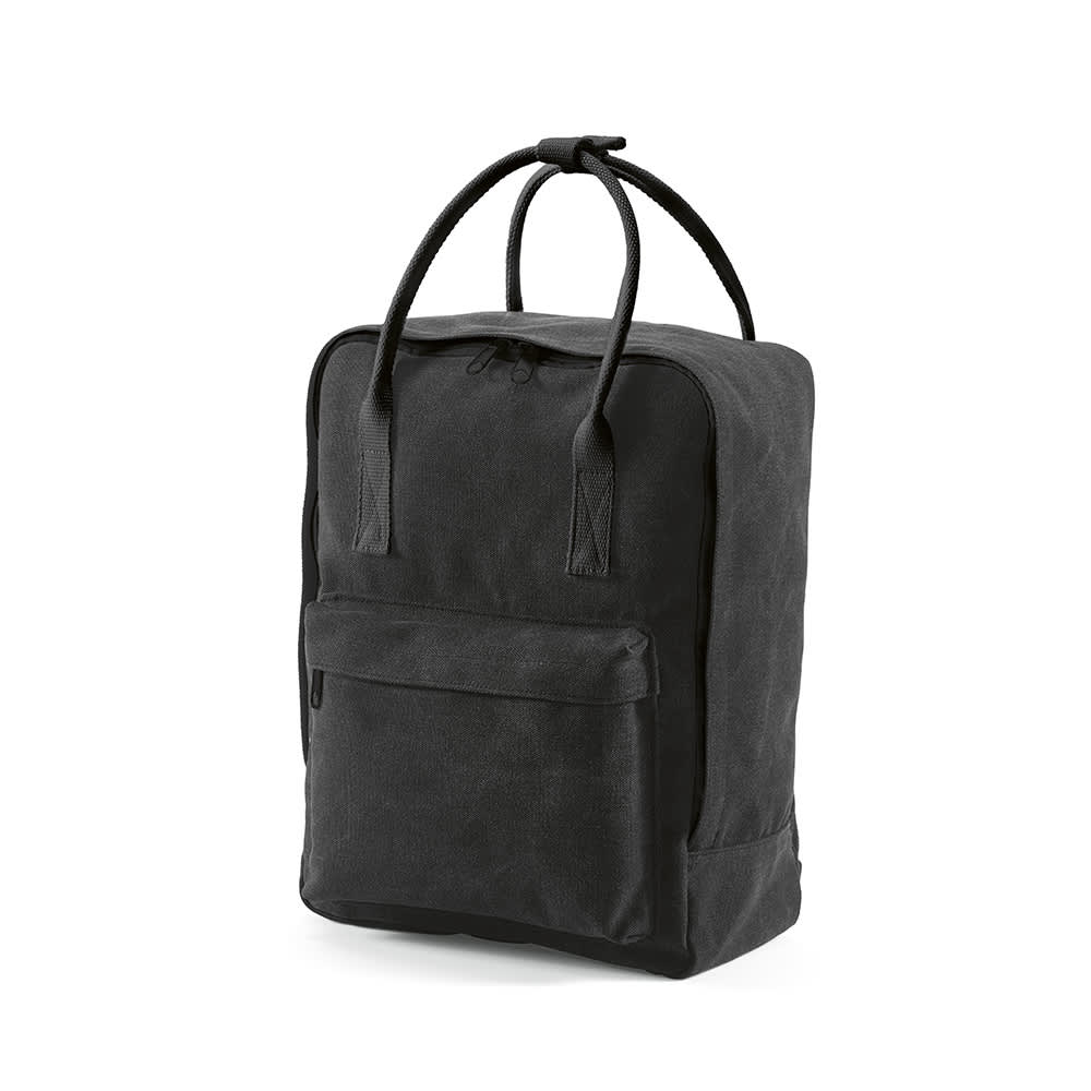A black backpack with a textured finish, featuring a front pocket and two handles on top. It has a logo on it.