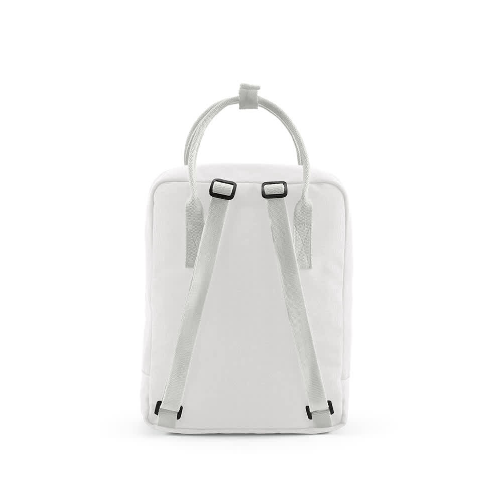 A white backpack with adjustable straps and a handle, featuring a logo on the front.