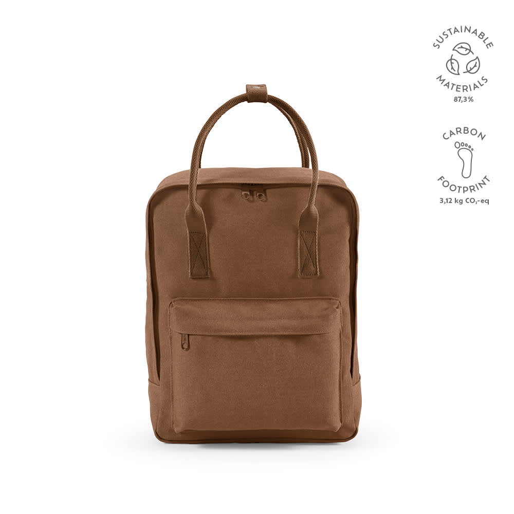 A brown backpack with a sturdy design, featuring rCotton fabric and rPET handles. Includes a front pocket and a logo.