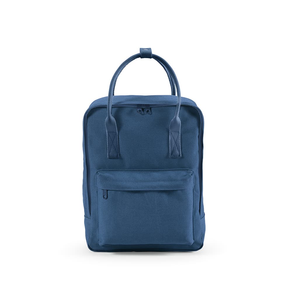 A navy blue backpack with a front zip pocket and two top handles, featuring a logo on the front.