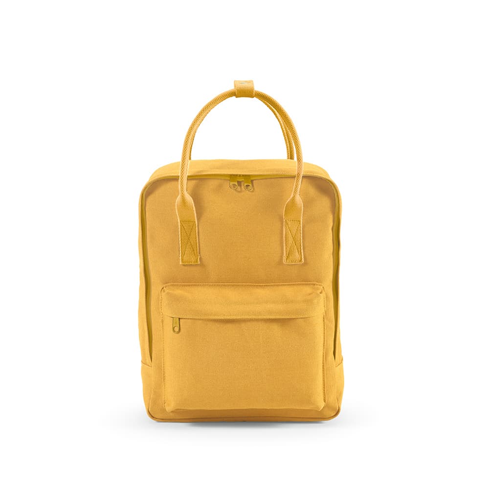 A yellow backpack with rPET handles and a front zip pocket, featuring a logo.