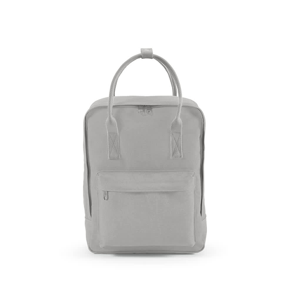 A grey backpack with a front pocket and rPET handles, featuring a logo on the front.