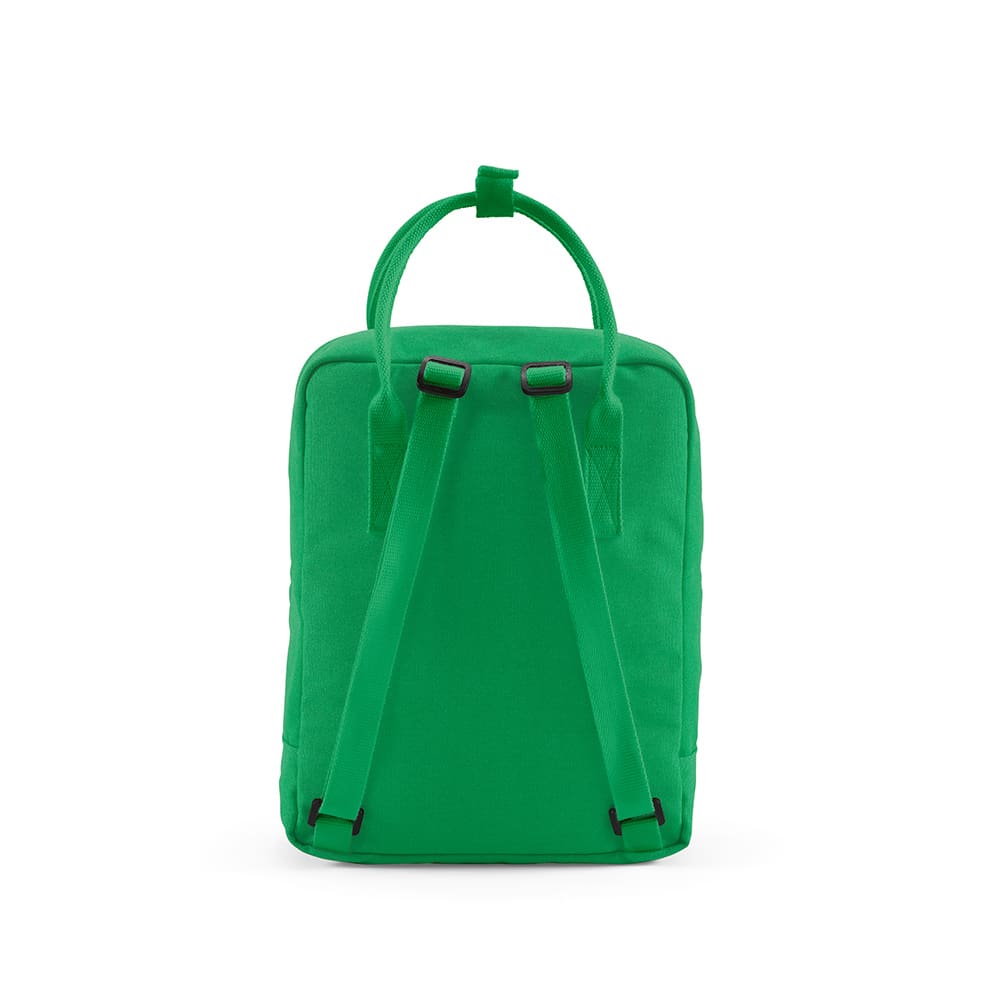 A green backpack with adjustable straps and a top handle, made from rCotton and featuring rPET handles.