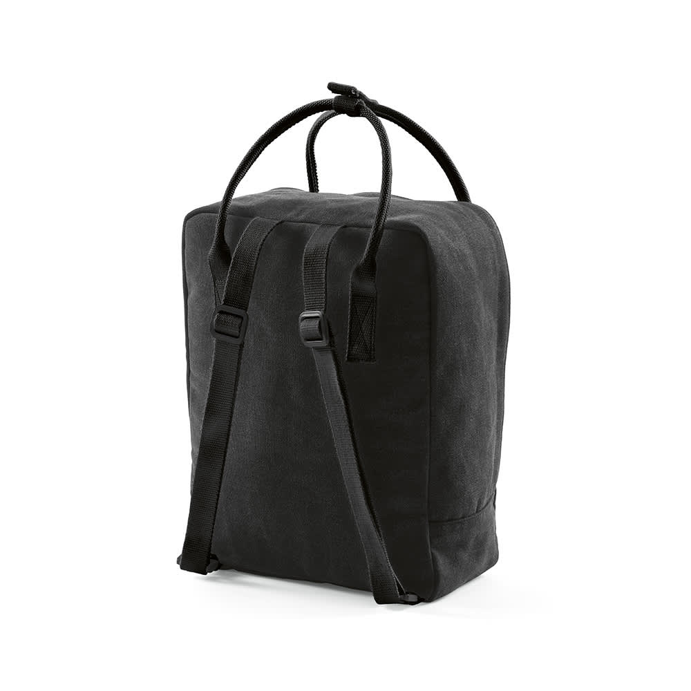 A black Stockholm Backpack made from rCotton with rPET handles and adjustable straps. It features a minimalist design.