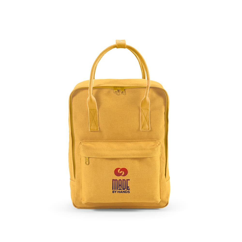 A yellow backpack with a zippered front pocket and two sturdy handles. It features a logo on the front.