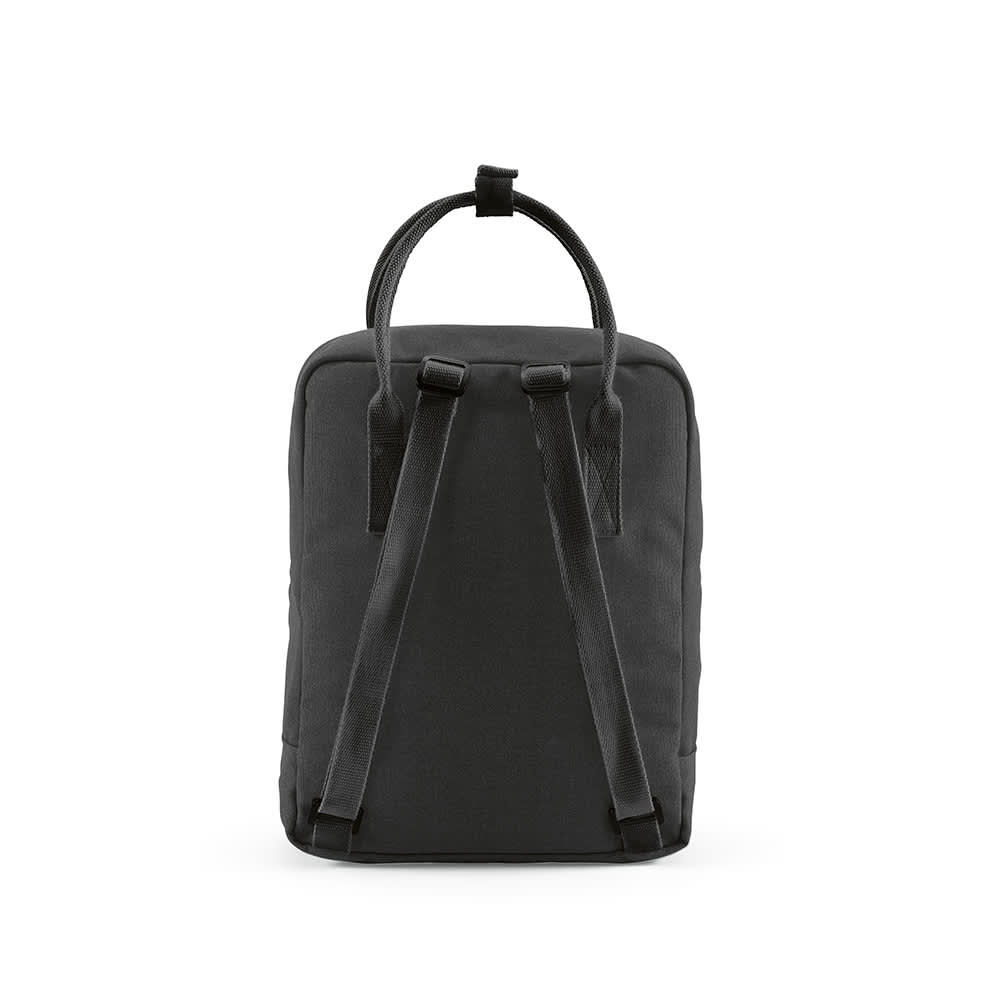 A black backpack with padded shoulder straps and a top handle. It features a logo on the front.