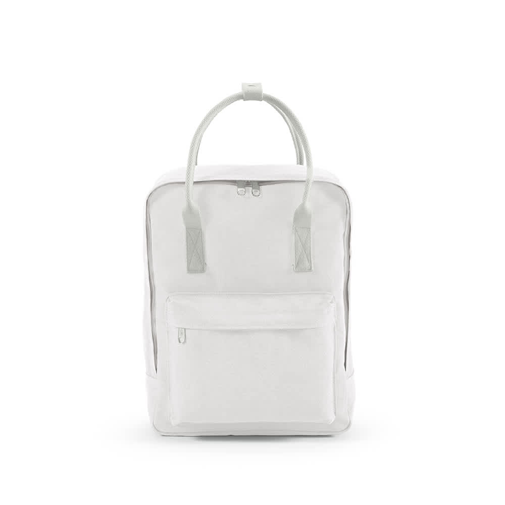 A white backpack with a front zip pocket and rPET handles, featuring branding.