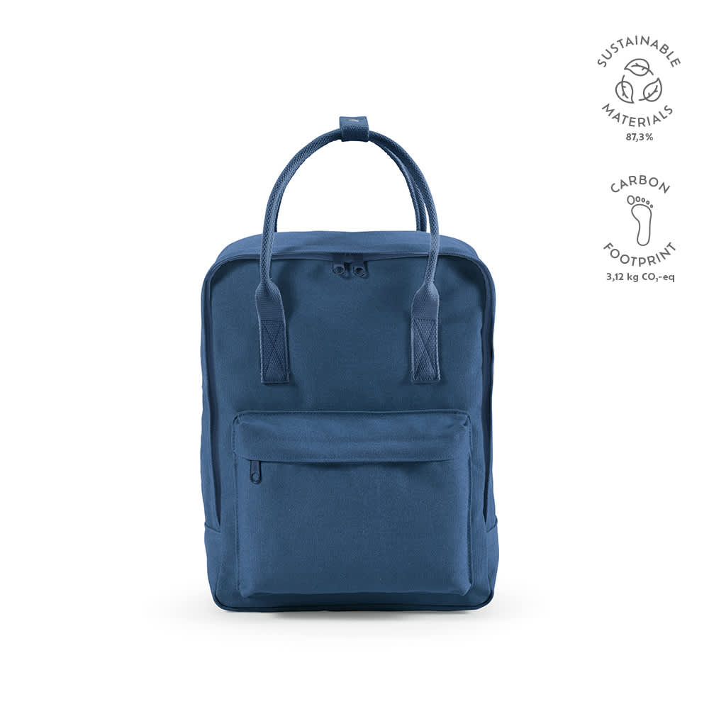 A blue backpack with a front pocket, made from sustainable materials, featuring rPET handles and a logo.