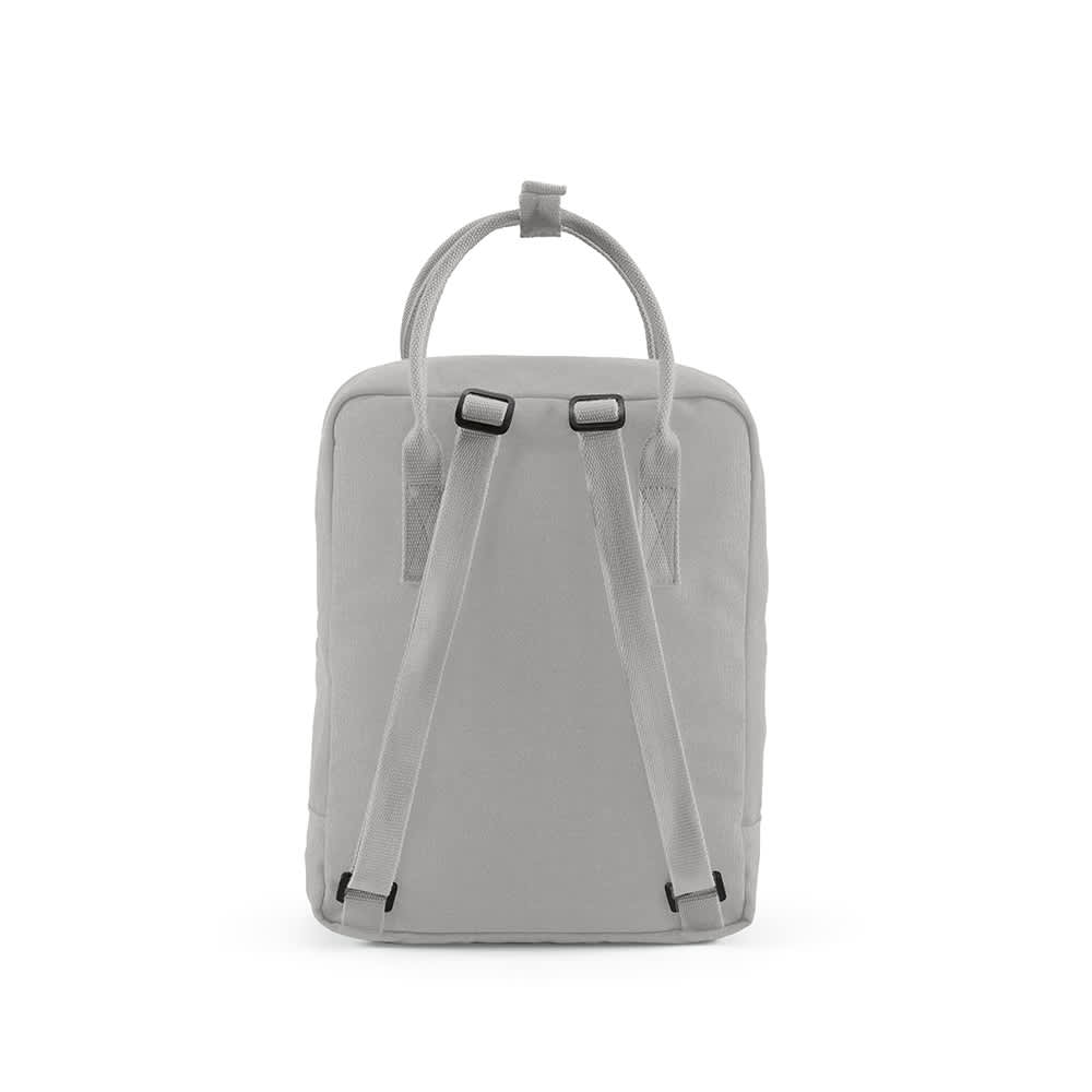 A grey backpack with two adjustable straps, a handle on top, and a branded logo.