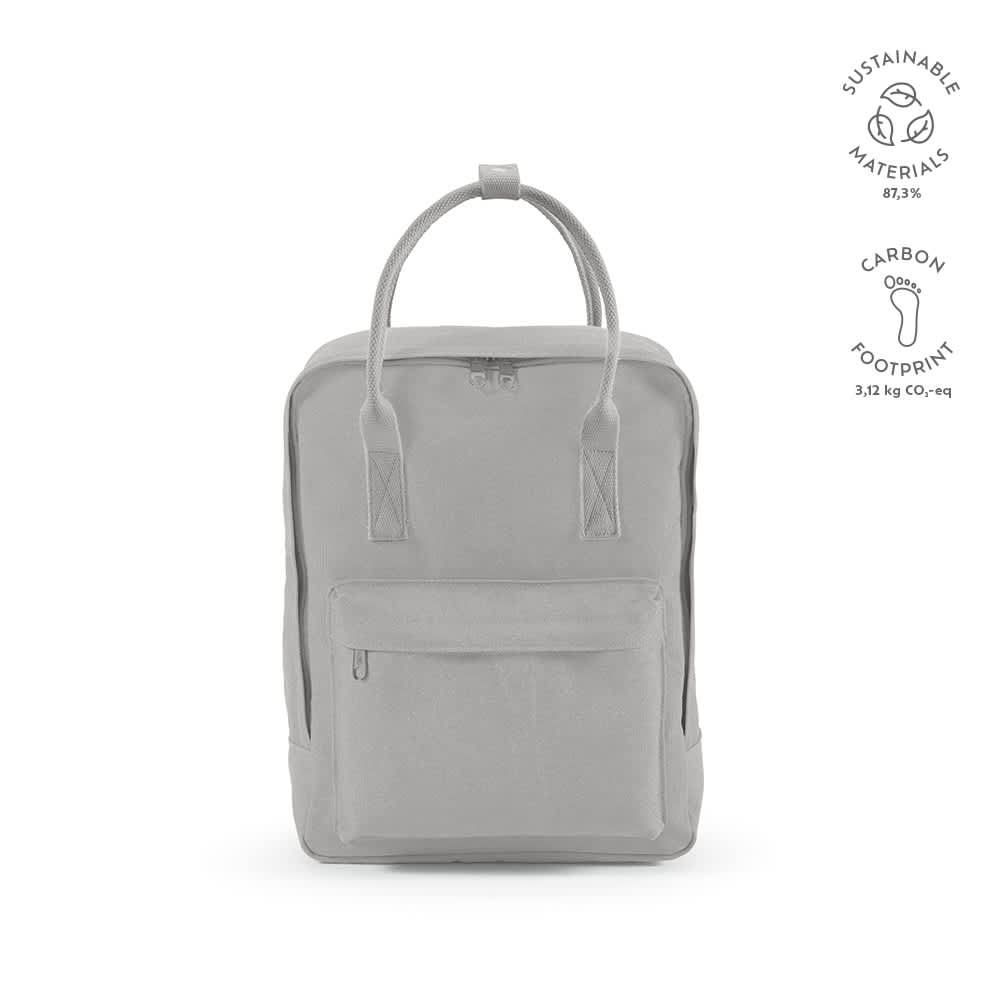 A grey backpack with rCotton material and rPET handles, featuring a front zip pocket and a logo.