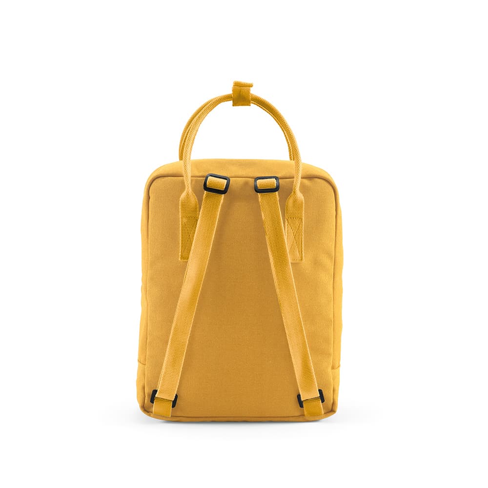A yellow backpack with straps and a top handle, made from rCotton with rPET handles. It has a logo.