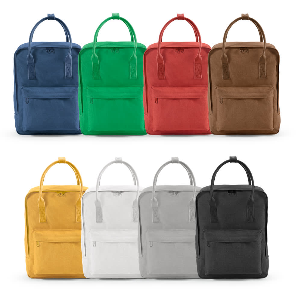 Seven Stockholm Backpacks in various colours: blue, green, red, brown, yellow, white, grey, and black, featuring a logo.